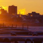 The Yellowknife skyline in winter from Back Bay.
